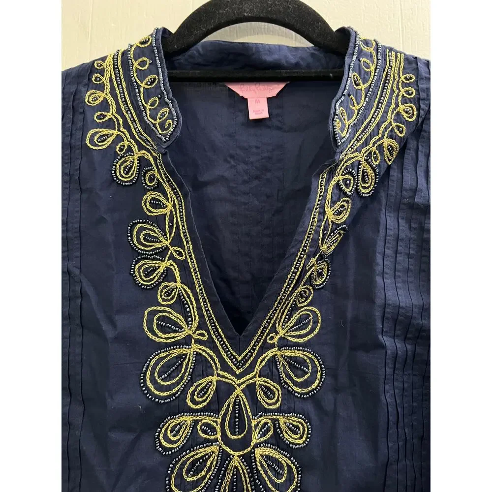 Lilly Pulitzer Pintuck Navy and Gold Beaded Tunic Size Medium - Picture 3 of 5